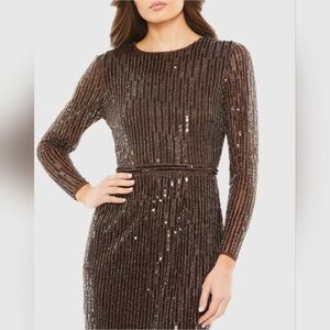NWT Size 12 Mac Duggal Espresso Brown Long Sleeve Sequin Mini Dress